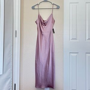 Express Satin Cowl Neck Midi Slip Dress in Blushing Mauve